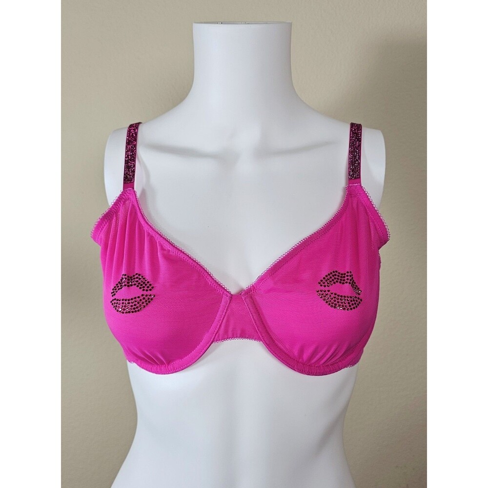 Victoria's Secret VERY SEXY Pink Sheer Shine Motif Unlined Demi Bra Lips Sz 38C